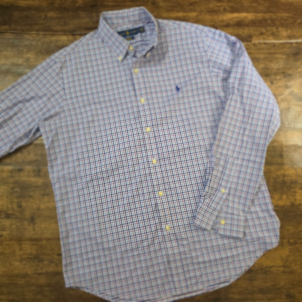 RALPH LAUREN Button Down Shirt Mens Large Blue Purple Plaid Performance Classic